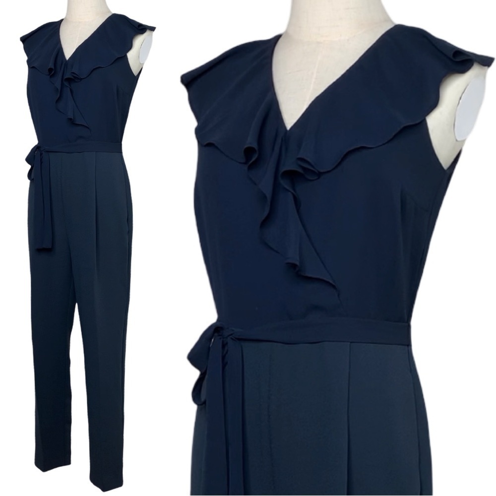 Banana Republic Women Ruffle V-Neck Cropped Jumpsuit Size 0 Navy Blue - Picture 5 of 17